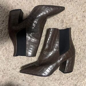 Brown Croc-Embossed Ankle Boots